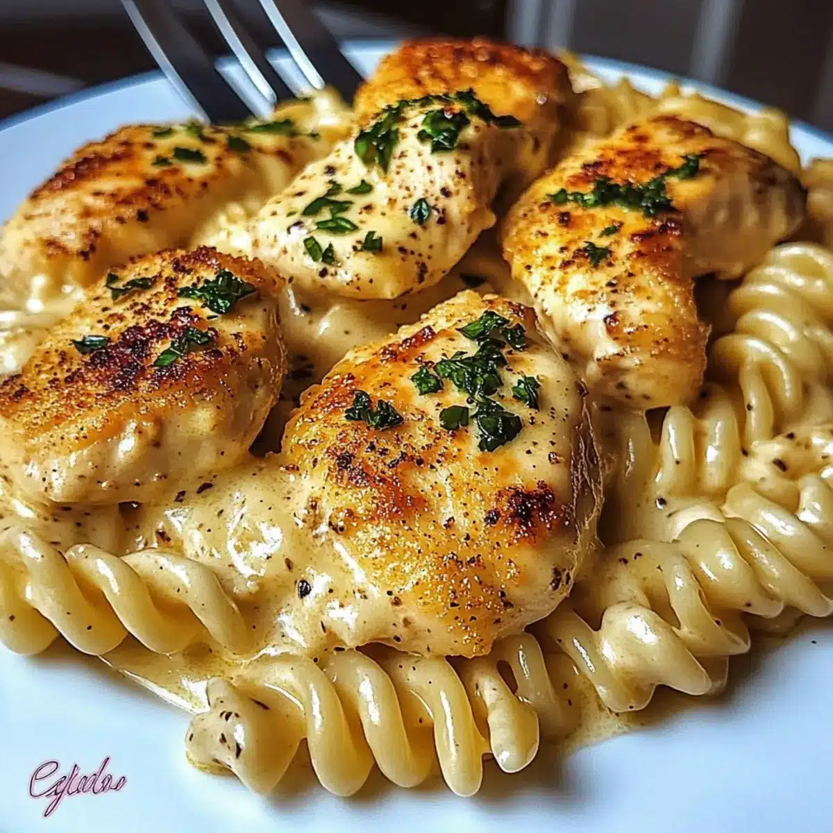 Garlic Parmesan Chicken with Cheesy Twisted Pasta